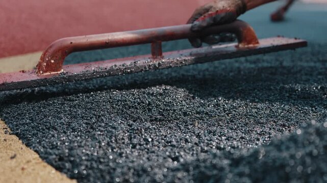 Workers leveling rubber crumb surface on sports playground close up