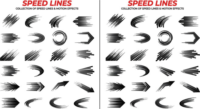 Comprehensive Collection of Comic Speed Lines and Manga Motion Effects featuring Dynamic Swooshes, Explosive Bursts, and Directional Velocity Indicators