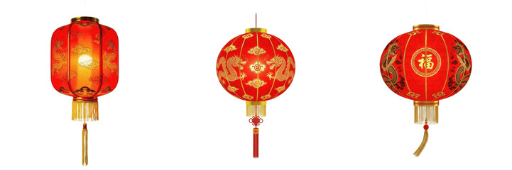 Set of Traditional Festive Red Chinese Lantern with Golden Tassels Decoration with Isolated on White Background, PNG © Photo