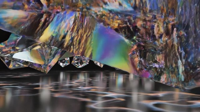 Cluster of faceted crystal gemstones suspended above a reflective surface on a dark background, showcasing prismatic rainbow refractions, geometric facets and mirrored reflections