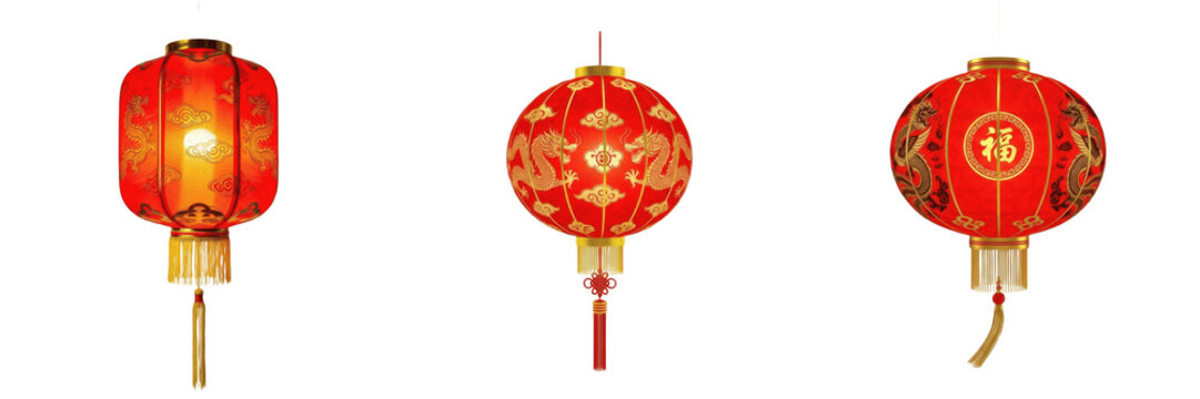 Set of Traditional Festive Red Chinese Lantern with Golden Tassels Decoration with Isolated on White Background, PNG