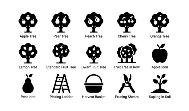 Fruit tree and orchard tool icons arranged on white sheet