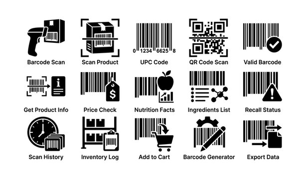 Barcode and product scan icons for retail inventory display