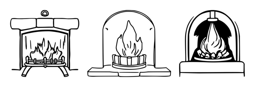 Vintage fireplace bellows set with minimalist line art featuring fireplace, hearth, decor with simple strokes and isolated white background