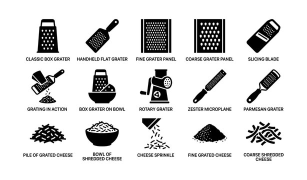 Grater and grated cheese icons arranged on white background