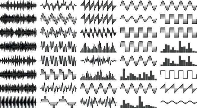 Comprehensive Collection of 40 Digital Waveforms including Sine, Square, Sawtooth, and Pulse Waves for Audio Engineering, Sound Synthesis, and Signal Processing Design