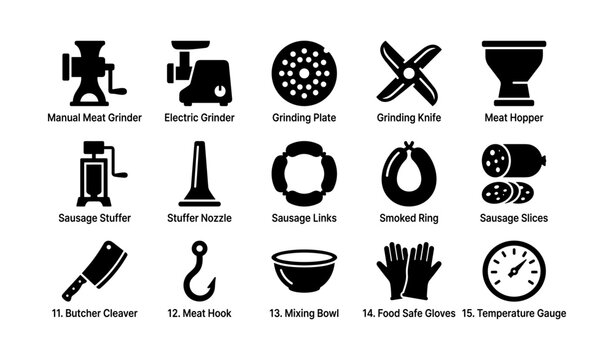 Meat processing and butchery icons displayed on white background