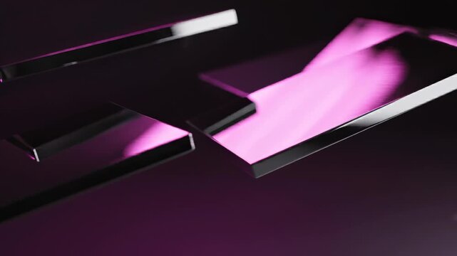 Close-up abstract composition of floating reflective metallic rectangular panels with glossy mirrored surfaces illuminated by vibrant pink neon lighting against a dark backdrop
