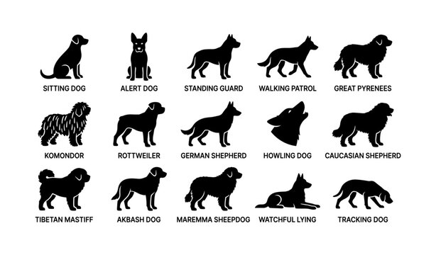 Dog silhouettes showing breeds and patrol poses on white background