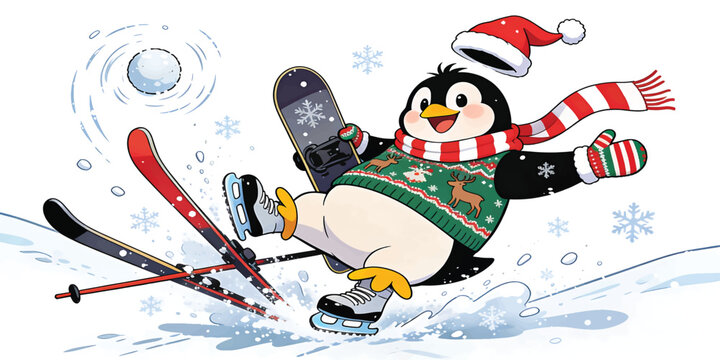 Cute cartoon penguin skiing and falling in snow wearing Christmas hat and scarf