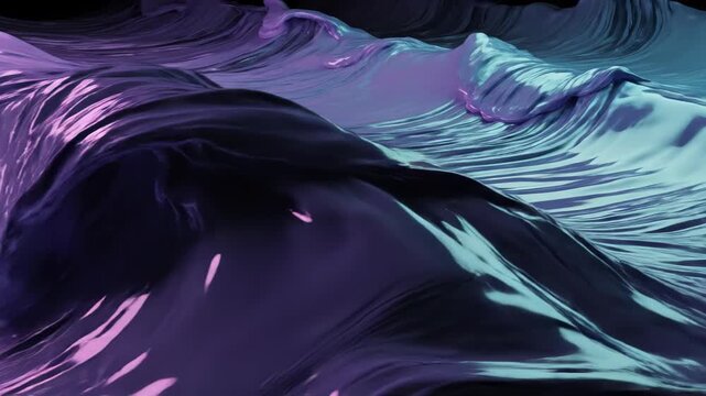 Glossy abstract liquid waves in purple and teal gradient sweep across a surreal cinematic digital landscape with flowing reflective textures and undulating crests of molten silk.