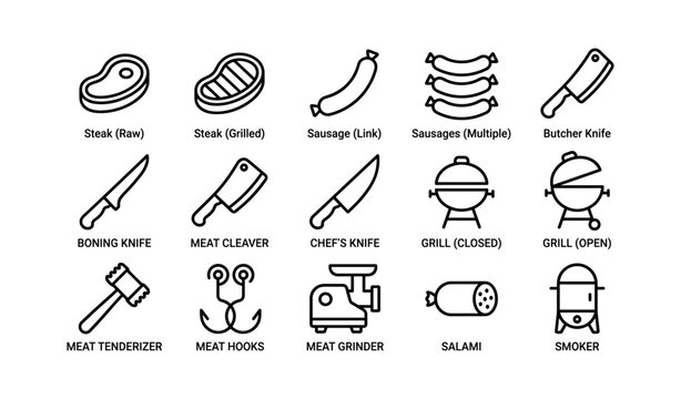 Meat and butchery icons with knives and equipment layout