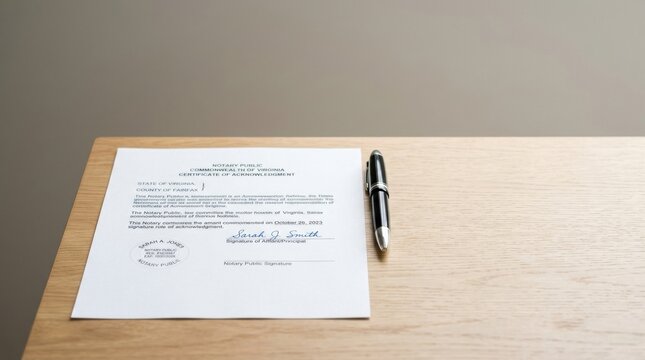 A document lies on a desk next to a pen. The document is a certificate of acknowledgment from a notary public, showing important information.
