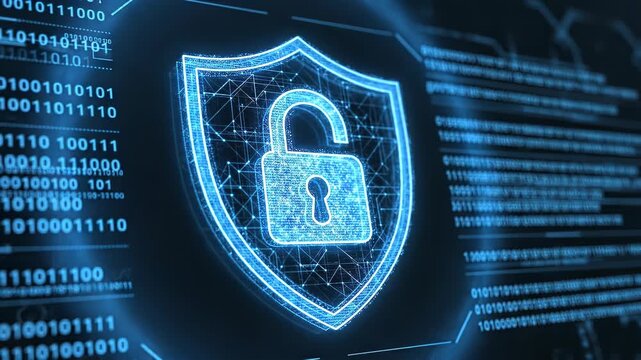 Holographic digital shield with illuminated padlock and streaming binary code representing cybersecurity, encryption and network protection interface for data integrity and privacy