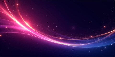 Glowing purple waves and bright blue stars swirl in a dark space background illustration, creating a magic energy motion with laser lines and a glowing vector art texture backdrop © Md