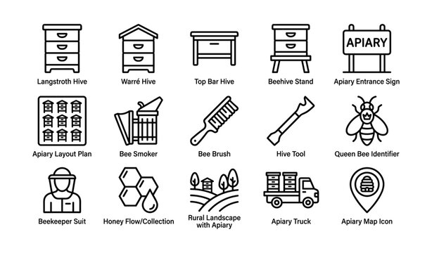 Beekeeping equipment and apiary icons displayed in grid
