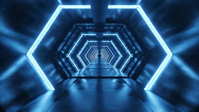 Hexagonal futuristic tunnel corridor illuminated by glowing blue neon light strips, reflective metallic panels and geometric symmetry forming a deep vanishing point scifi passage