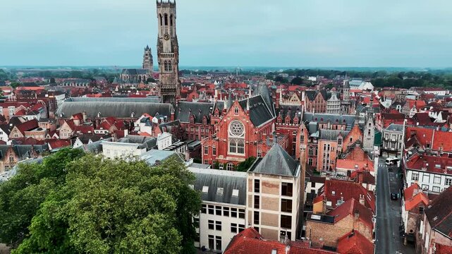 Aerial View of Grote Markt and Belfry Tower in Bruges Historic Center Belgium