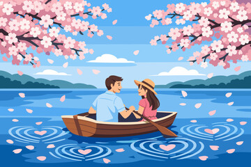Obraz premium Couple enjoys a boat ride under cherry blossom trees in a lake during springtime on a sunny day