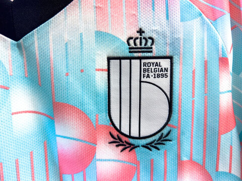 Brussels, Belgium. May 12, 2026. Detailed close-up of the Royal Belgian FA crest on a colorful away football jersey with a modern pattern.