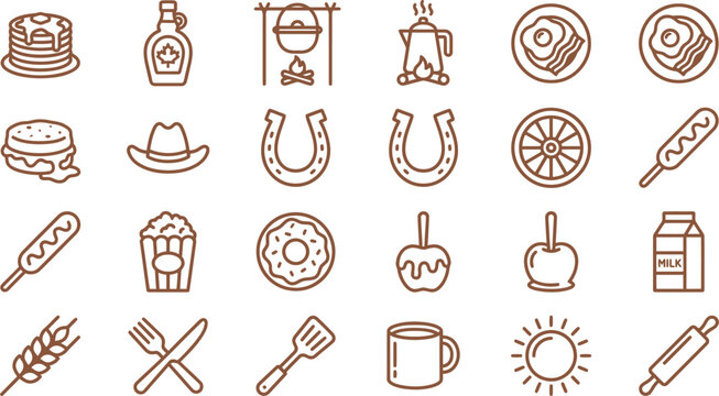 Collection of western themed food and lifestyle line art icons for restaurant menu design projects