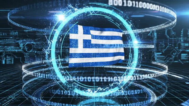 Greek flag within glowing holographic rings and cascading binary code, representing Greece's digital transformation, cybersecurity, blockchain, and national tech infrastructure