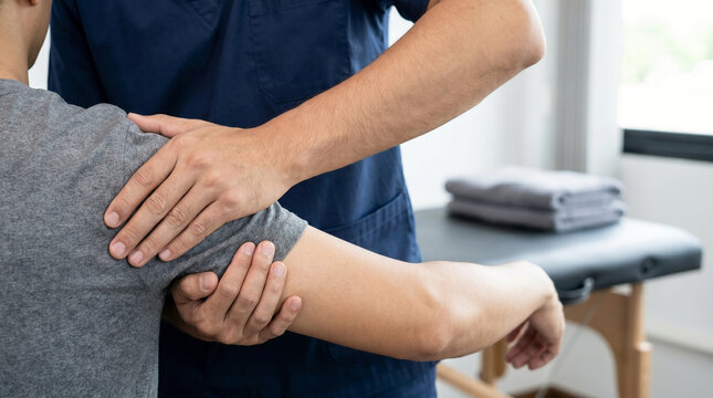 Physiotherapist performing shoulder stretch exercise on male patient