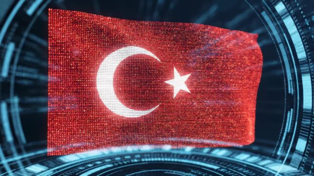 Holographic Turkish national flag inside a glowing circular digital interface, LED texture and futuristic blue data streams around a waving red banner