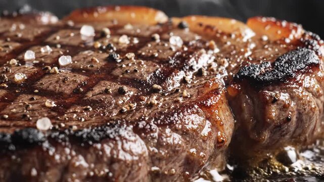 Close-up of a sizzling grilled ribeye steak with seared grill marks, coarse salt and cracked pepper, glistening juices, rendered fat and caramelized crust in a hot pan