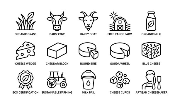 Assortment of dairy and cheese icons presented in grid layout