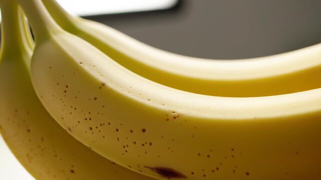 Close up view of a curved bunch of ripe yellow bananas with brown speckles and smooth peel texture, photographed in soft natural light against a blurred indoor background, kitchen.