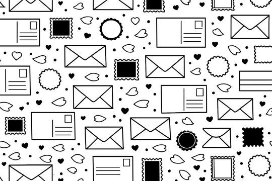 Patterns of letters, stamps, and hearts in black and white on a simple background