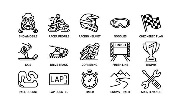Snowmobile racing icons showing vehicles and race elements grid