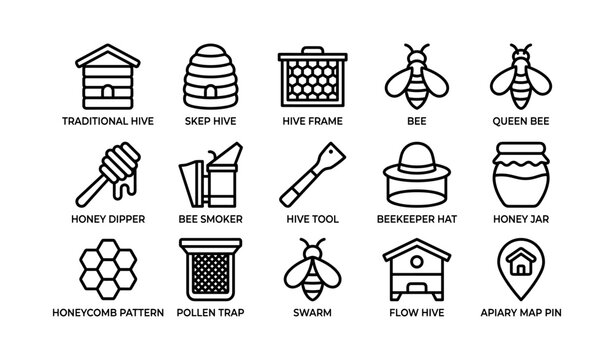 Beekeeping icons showing hive tools and honey items on grid