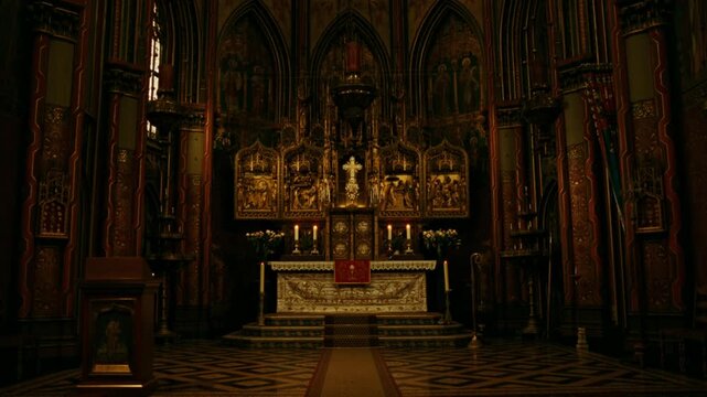 Grandiose and opulent golden altar inside a historic gothic church in Amsterdam