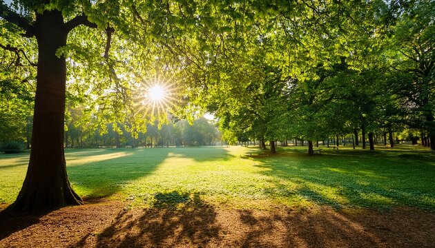 early morning sunlight filtering through green tree leaves in a parisian park
