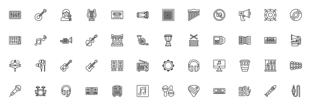 Music icon pack. Minimal vector collection. Featuring Equalizer, Banjo, Singer, Harp, Cassette, Guitar, Piano, Drums, Microphone, Headphones and more. Editable stroke design.