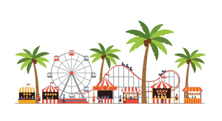 Obraz premium Amusement Park Fun: Ferris Wheel, Roller Coaster, and Palm Trees on White Background