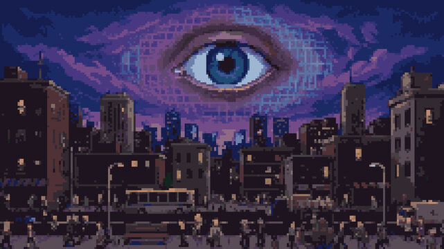 Pixel art of a giant surveillance eye watching over a crowded night city representing big brother or digital privacy