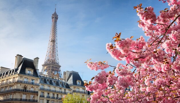close up of pink cherry blossom tree in full bloom during springtime with traditional parisian architecture in the background