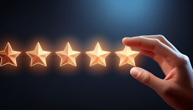 hand places a glowing star in a five star row on a dark interface useful for feedback pages customer reviews nps surveys apps and slides about satisfaction quality scores loyalty and service