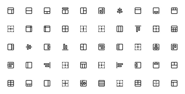 Layout align icon set. Minimal line web icons pack. Includes symbols for rows, columns, grid, header, sidebar, panel, center align, left align, right align, up align, down align and more.