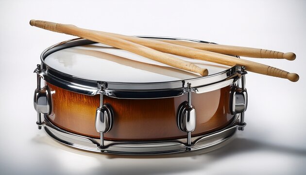 realistic pair of drumsticks resting on a snare drum detailed texture isolated on white background png format