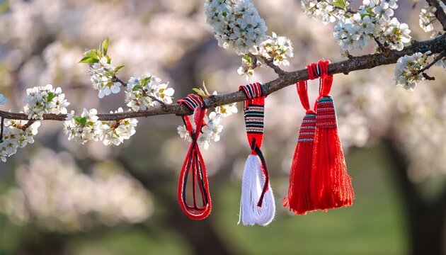 close up of traditional bulgarian martenitsa bracelets tied to a blossoming tree branch celebrating baba marta day in spring