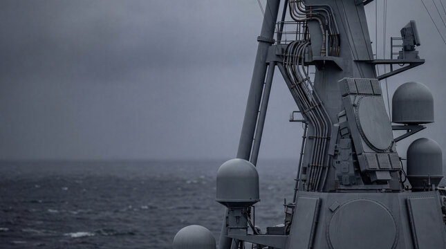 Radar antenna on steel mast of modern warship at sea. Military communication array and electronic warfare system on navy vessel. Strategic maritime defense and naval security technology.