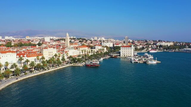  film of the coast of Split, Croatia, a historic place with old houses and castles on the seafront in Europe