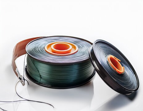 fish tape tool with a coiled steel wire housed in a circular plastic case and a guiding handle fully white background png background