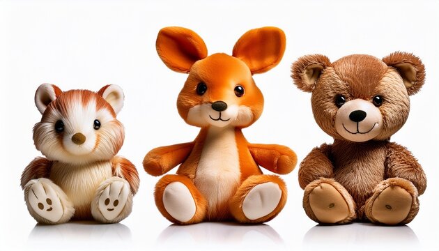 cutout sef of 3 stufed animal toys in png white background