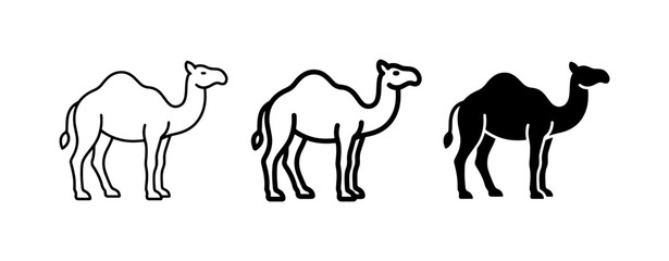 Camel Icons Set, Desert Animal Vector Graphics, Silhouette and Outline Illustrations for Travel and Wildlife Themes © Hasina