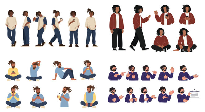 Dreadlocks Character Pose Vector Collection for Modern Casual Lifestyle Illustration Design
